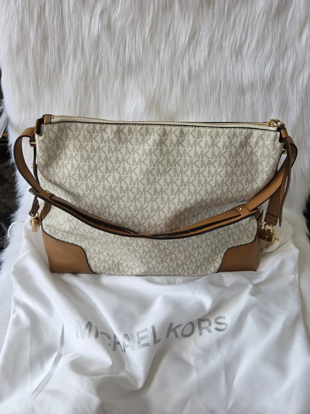 Michael Kors Cream Canvas Hobo with Tan Leather Trim